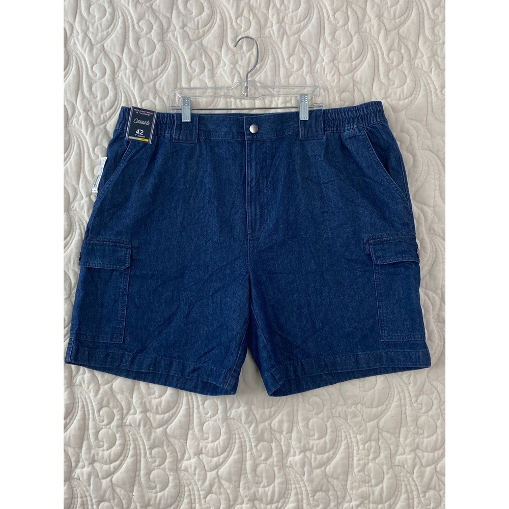 NEW Roundtree & Yorke Denim Cargo Shorts Mens 42 Blue 7" Inseam Classic Fit